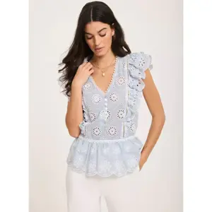 Mint Velvet Blue Cotton Broderie Striped Top